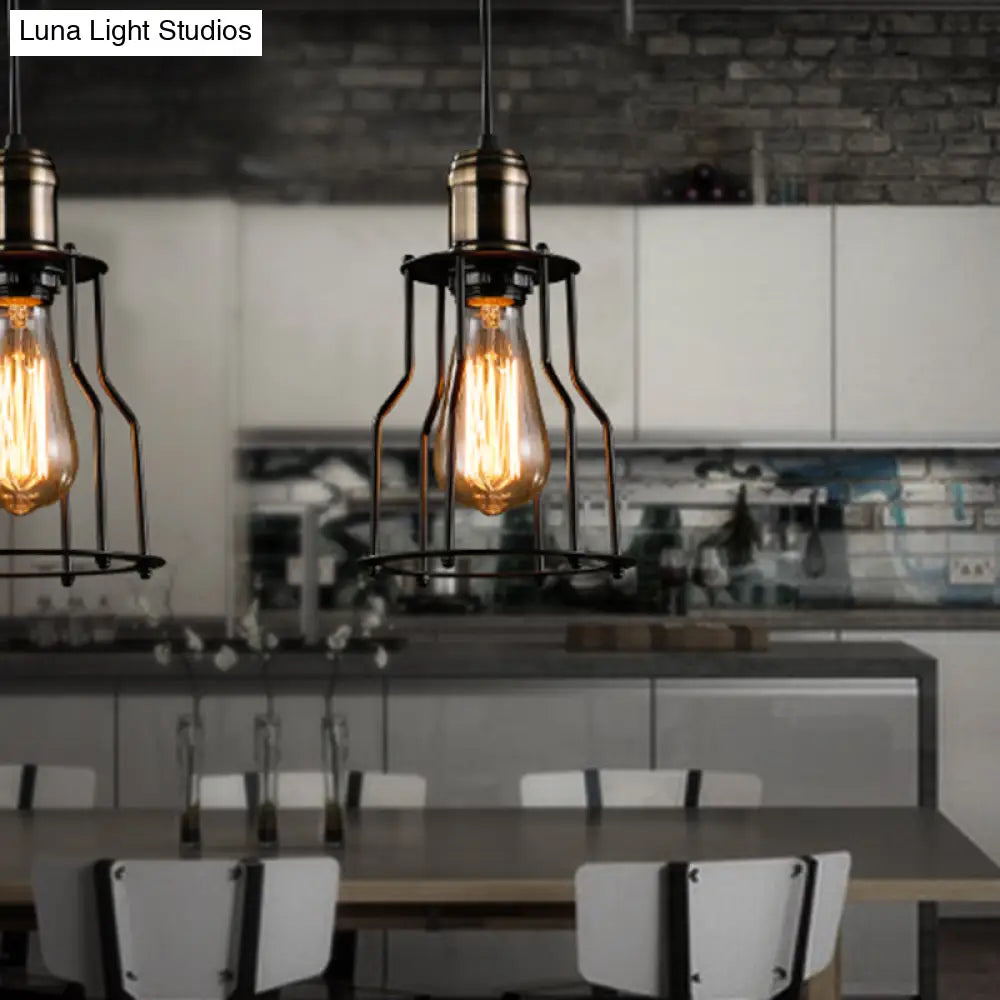Retro Industrial Hanging Lamp - Single Light Pendant With Black Wrought Iron Frame For Restaurant