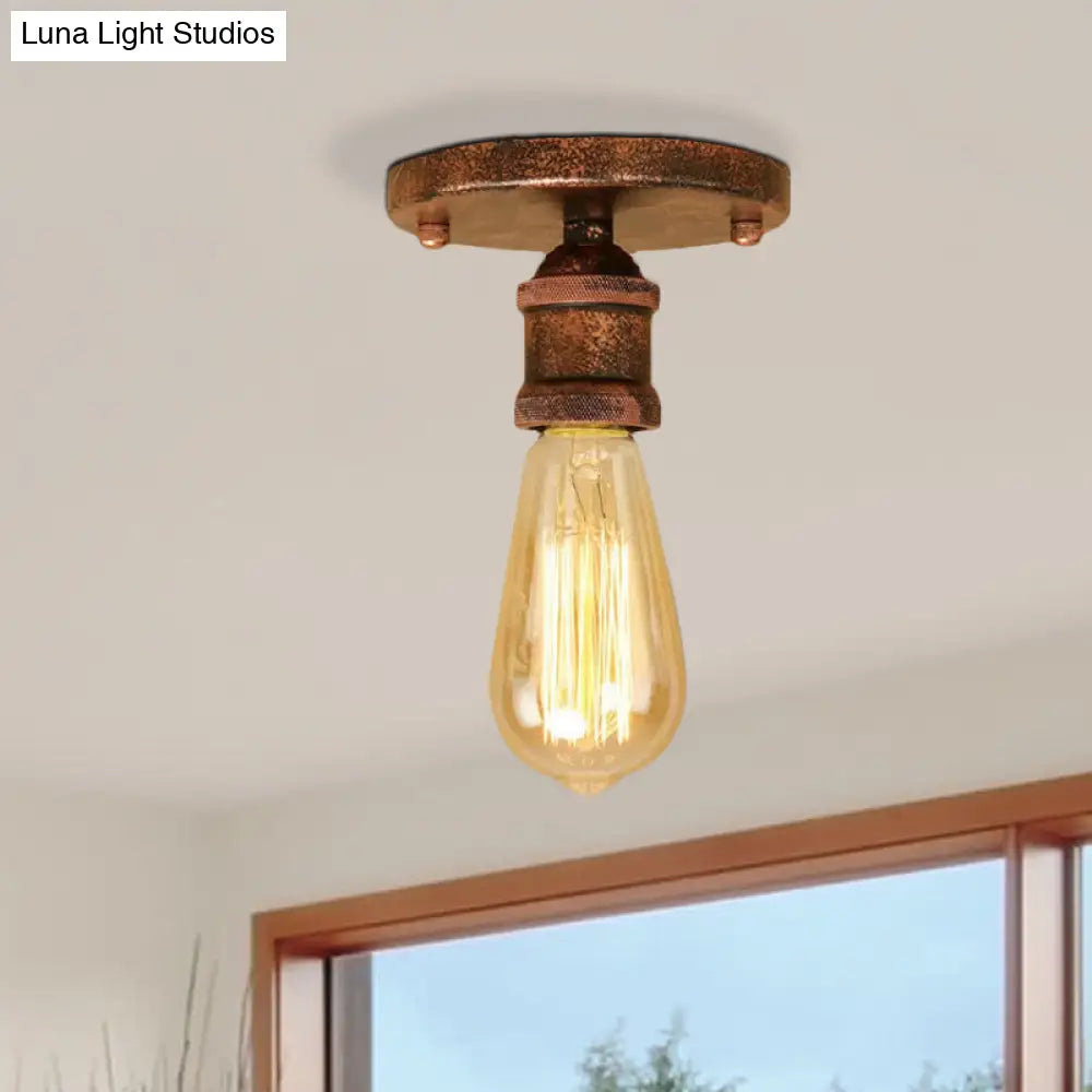 Retro Industrial Metal Black/Brass Finish Ceiling Lighting - Exposed Bulb Semi Flush Mount Light