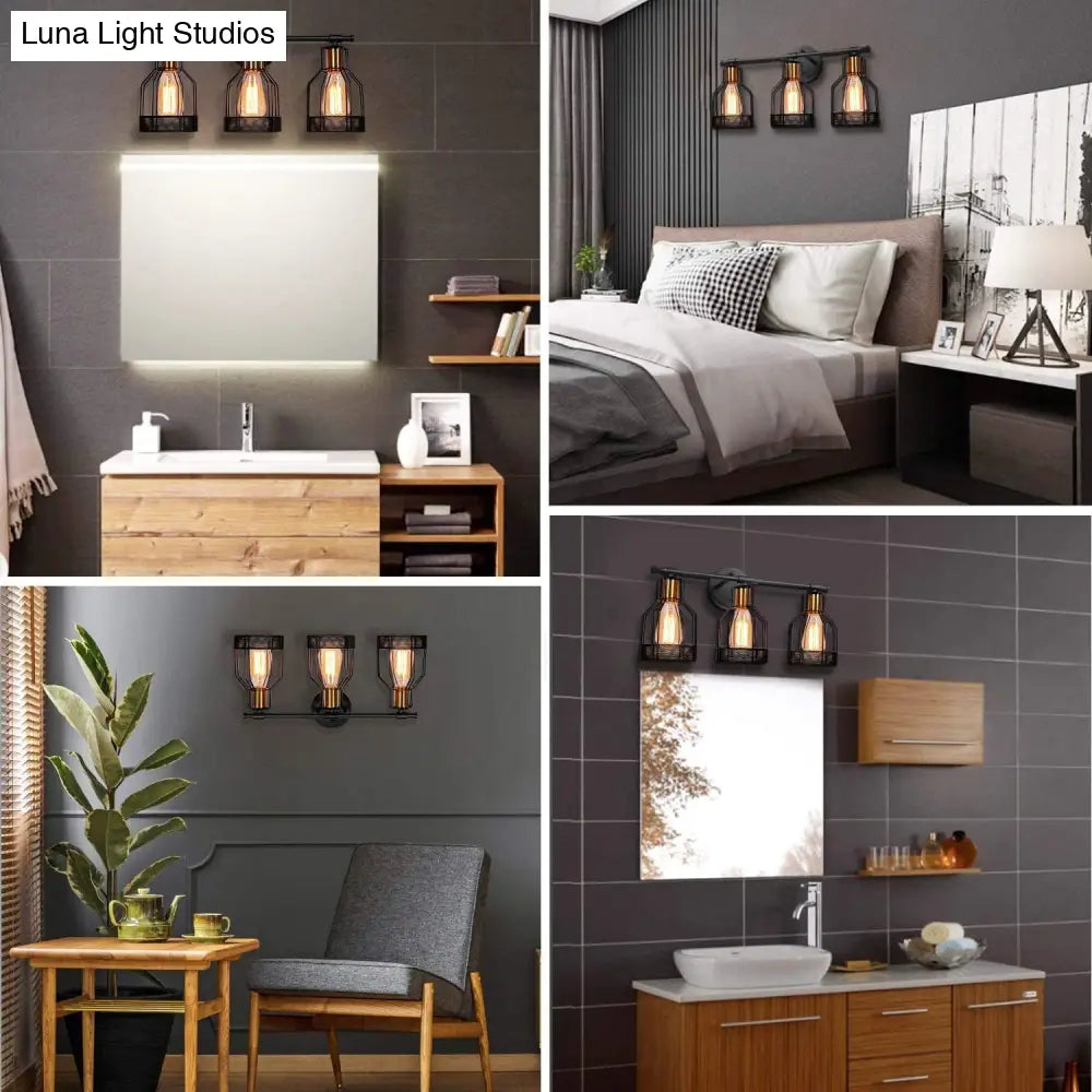 Retro Industrial Metal Cage Vanity Wall Light - 3 Fixture