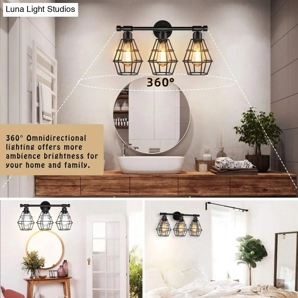Retro Industrial Metal Cage Vanity Wall Light - 3 Fixture