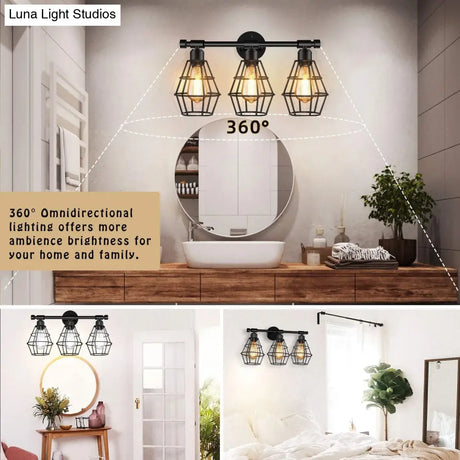 Retro Industrial Metal Cage Vanity Wall Light - 3 Fixture