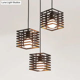 Retro Industrial Metal Pendant Lighting - 3-Light Cubic Hanging Lamp With Cage Shade Black/White