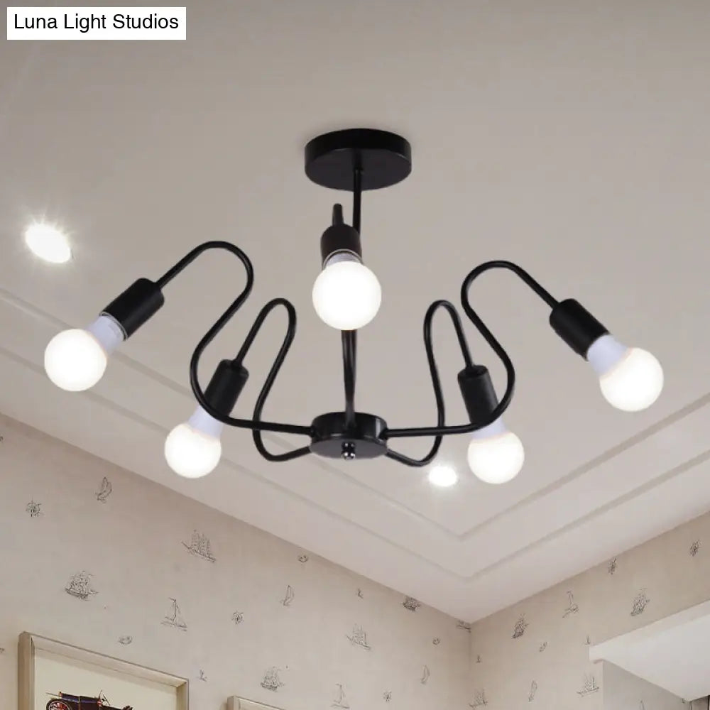 Retro Industrial Metal Semi Flush Mount Ceiling Light With Exposed Bulb - 3/5/6 Heads Dining Room