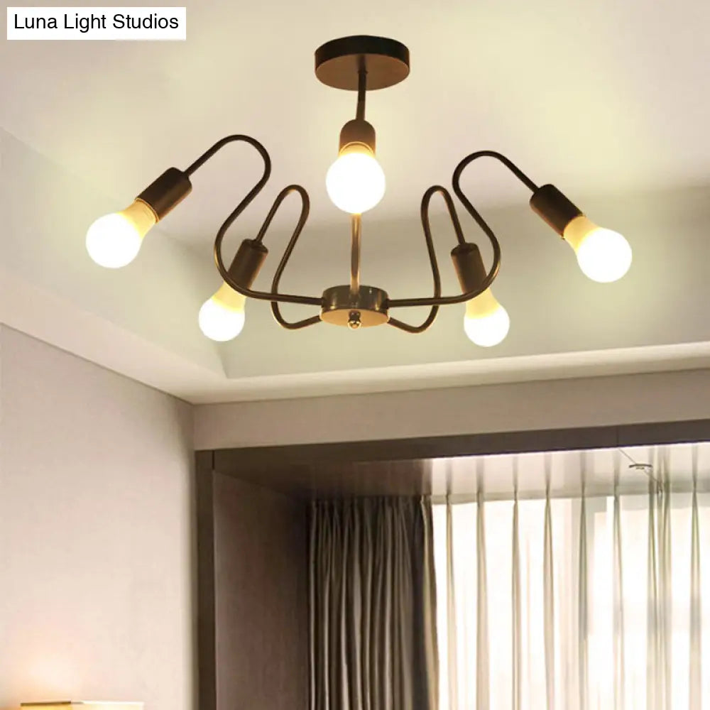 Retro Industrial Metal Semi Flush Mount Ceiling Light With Exposed Bulb - 3/5/6 Heads Dining Room