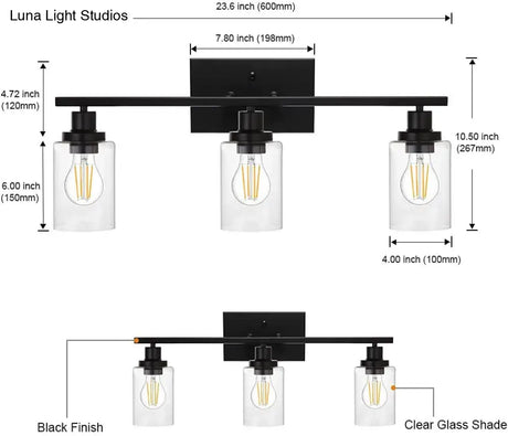 Retro Industrial Style Glass 3-Light Cylinder Vanity Wall Light Fixtures