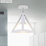 Retro Industrial Wire Cage Ceiling Light With Triangle Shade - 1 Head Metal Lamp In Black/Grey/White