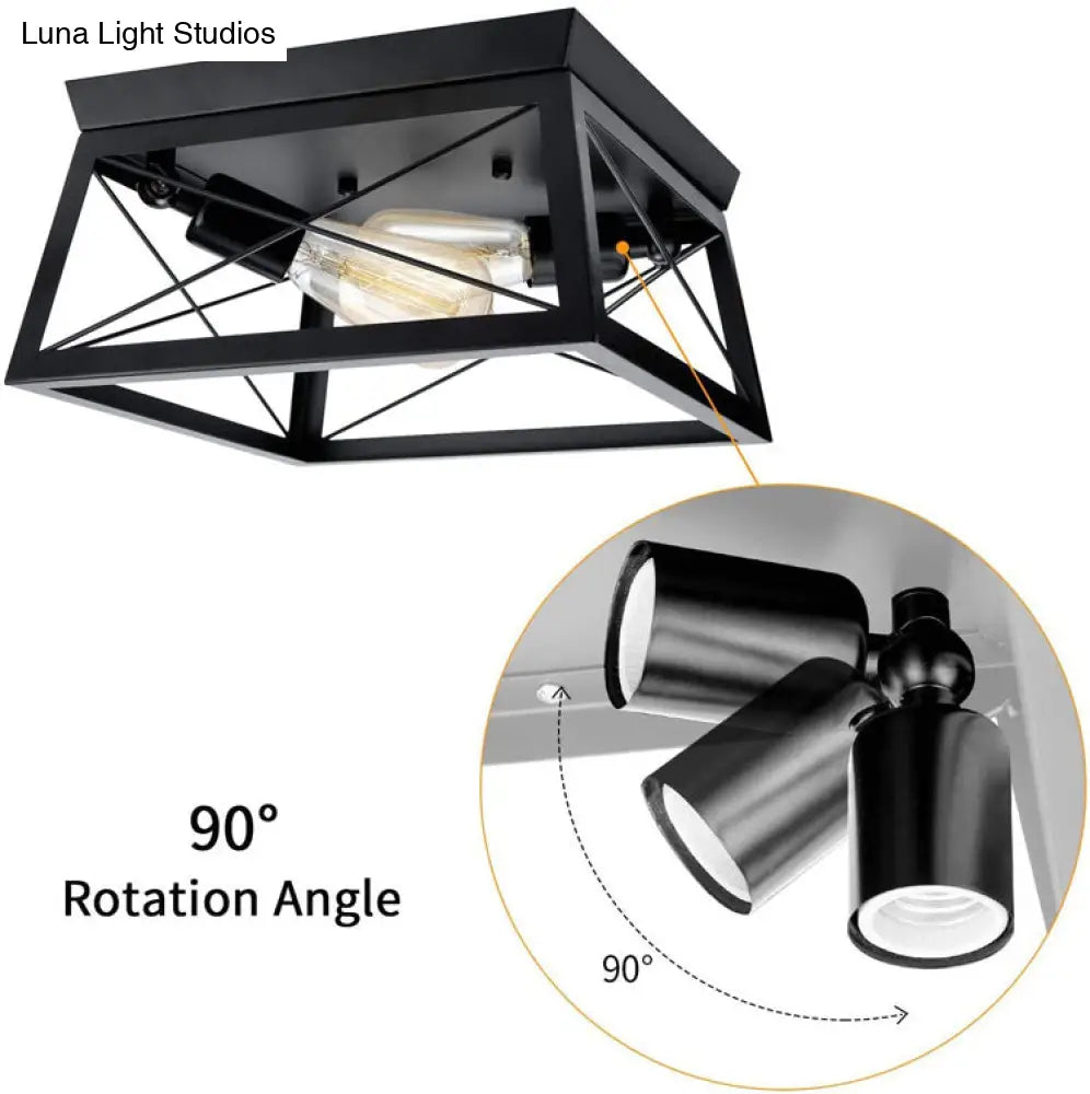 Retro Industrial Wrought Iron Ceiling Light With Black Frame