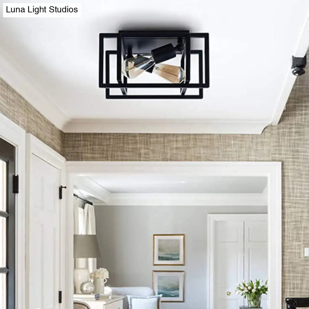 Retro Industrial Wrought Iron Ceiling Light With Black Frame