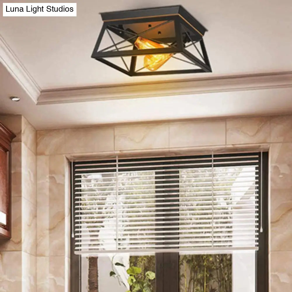 Retro Industrial Wrought Iron Ceiling Light With Black Frame