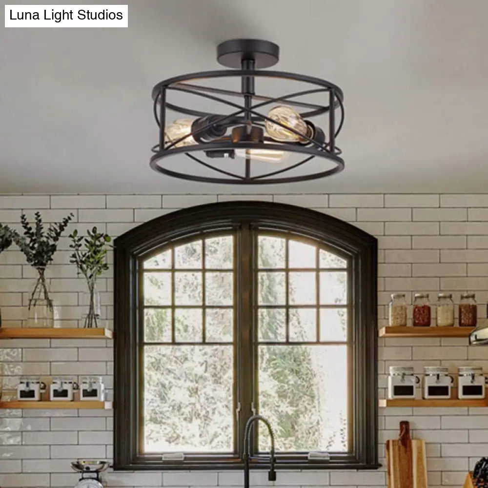 Retro Industrial Wrought Iron Ceiling Light With Black Frame