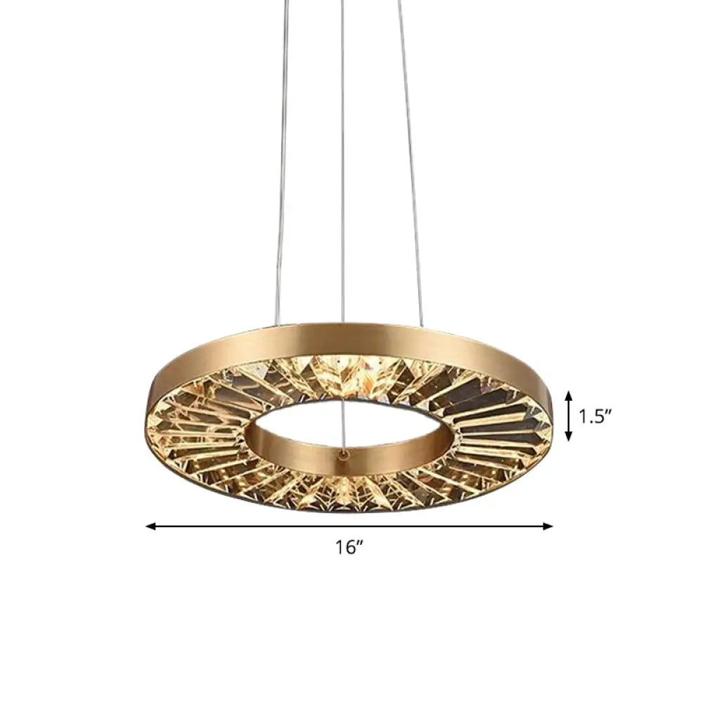 Retro Led Hanging Lamp: Gold Circle Suspension Lighting With Prismatic Crystal Shade In Warm/Natural