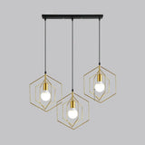 Retro Loft 3-Light Gold Hanging Pendant Light With Hexagon Metal Frame / Linear