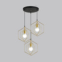 Retro Loft 3-Light Gold Hanging Pendant Light With Hexagon Metal Frame / Round
