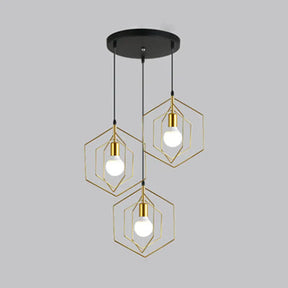 Retro Loft 3-Light Gold Hanging Pendant Light With Hexagon Metal Frame / Round