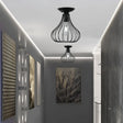 Retro Loft Globe/Pear Cage Ceiling Fixture - Metallic Semi-Flush Mount Light In Black For Hallway /