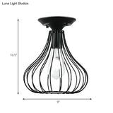 Retro Loft Globe/Pear Cage Ceiling Fixture - Metallic Semi-Flush Mount Light In Black For Hallway
