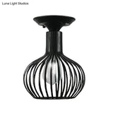 Retro Loft Globe/Pear Cage Ceiling Fixture - Metallic Semi-Flush Mount Light In Black For Hallway