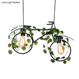 Retro Metal Bicycle Restaurant Ceiling Light With 2 Black Drop Lamp Heads And Plant Decor
