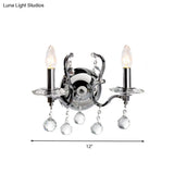 Retro Metal Candelabra Sconce With Crystal Ball And Led Wall Lighting In Chrome For Living Room