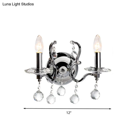 Retro Metal Candelabra Sconce With Crystal Ball And Led Wall Lighting In Chrome For Living Room