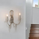 Retro Metal Candelabra Wall Mount Light With Crystal Accent - 2 Lights Nickel