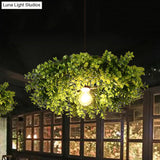 Retro Metal Ceiling Light With Exposed Bulb And Plant Decor - Black Finish