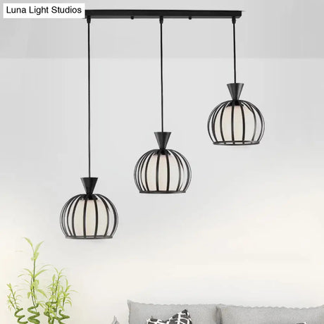 Retro Metal Dome Cage Pendant Light With Milk Glass Shade - 3 Bulb Indoor Hanging Fixture In
