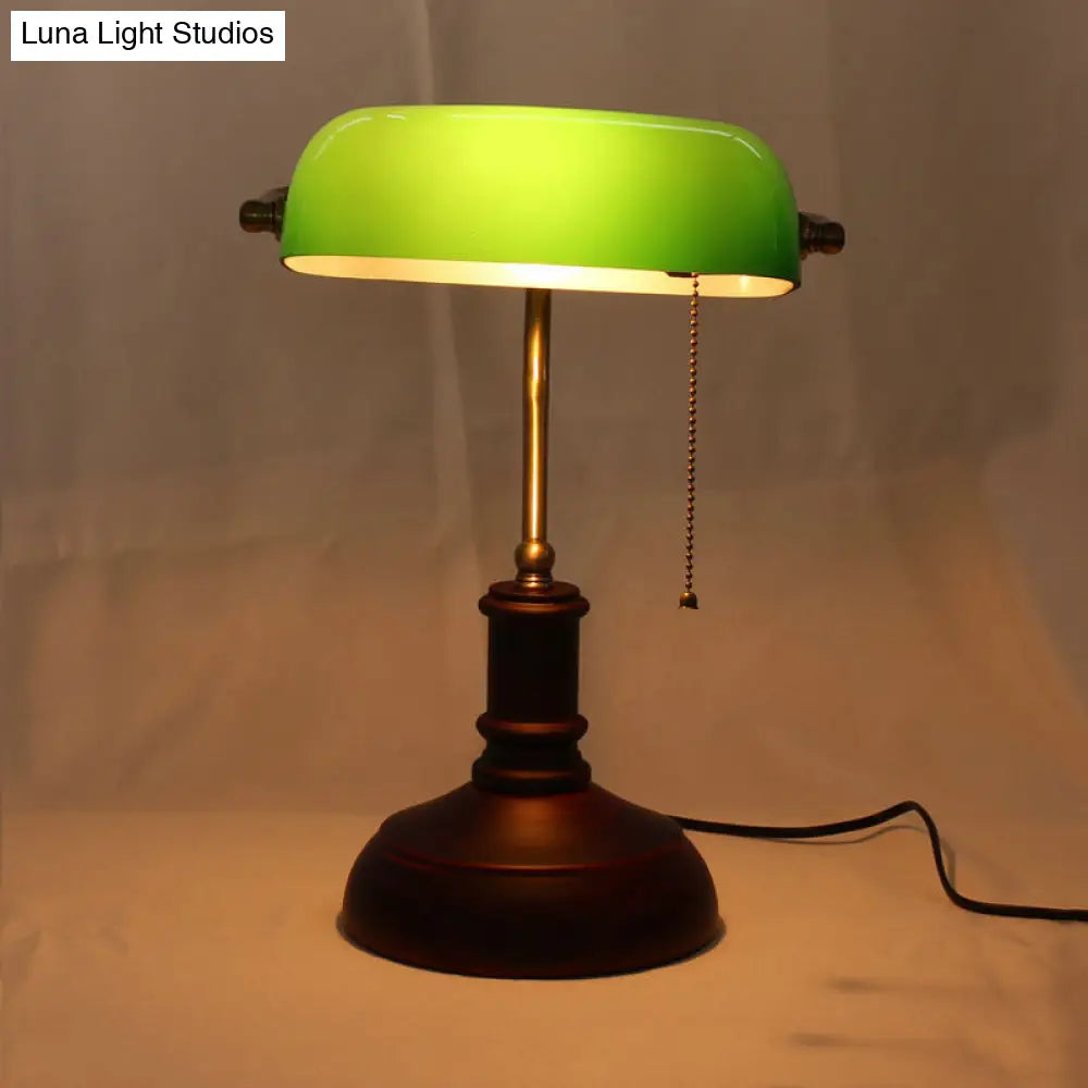 Retro Metal Lounge Table Lamp: Nightstand Light With Green Half-Oblong Shade & Pull Chain