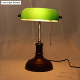 Retro Metal Lounge Table Lamp: Nightstand Light With Green Half-Oblong Shade & Pull Chain