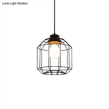 Retro Metal Pendant Light With Barrel/Cylinder Cage Shade - Bedroom Hanging Lamp In Black