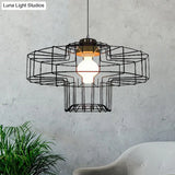 Retro Metal Pendant Light With Barrel/Cylinder Cage Shade - Bedroom Hanging Lamp In Black