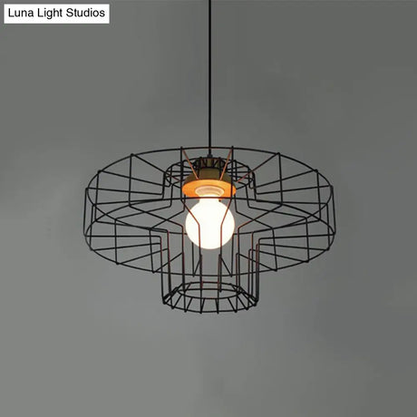 Retro Metal Pendant Light With Barrel/Cylinder Cage Shade - Bedroom Hanging Lamp In Black