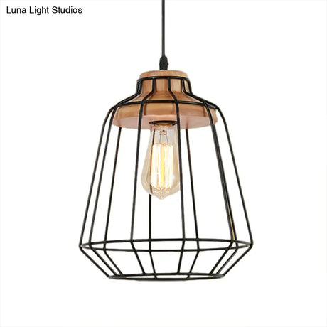Retro Metal Pendant Light With Barrel/Cylinder Cage Shade - Bedroom Hanging Lamp In Black