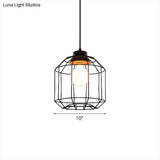 Retro Metal Pendant Light With Barrel/Cylinder Cage Shade - Bedroom Hanging Lamp In Black