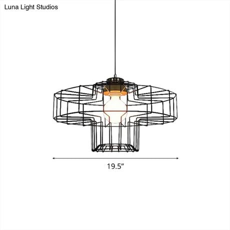 Retro Metal Pendant Light With Barrel/Cylinder Cage Shade - Bedroom Hanging Lamp In Black
