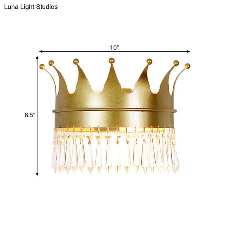 Retro Metallic 1-Head Crown Wall Sconce With Crystal Accent In Gold