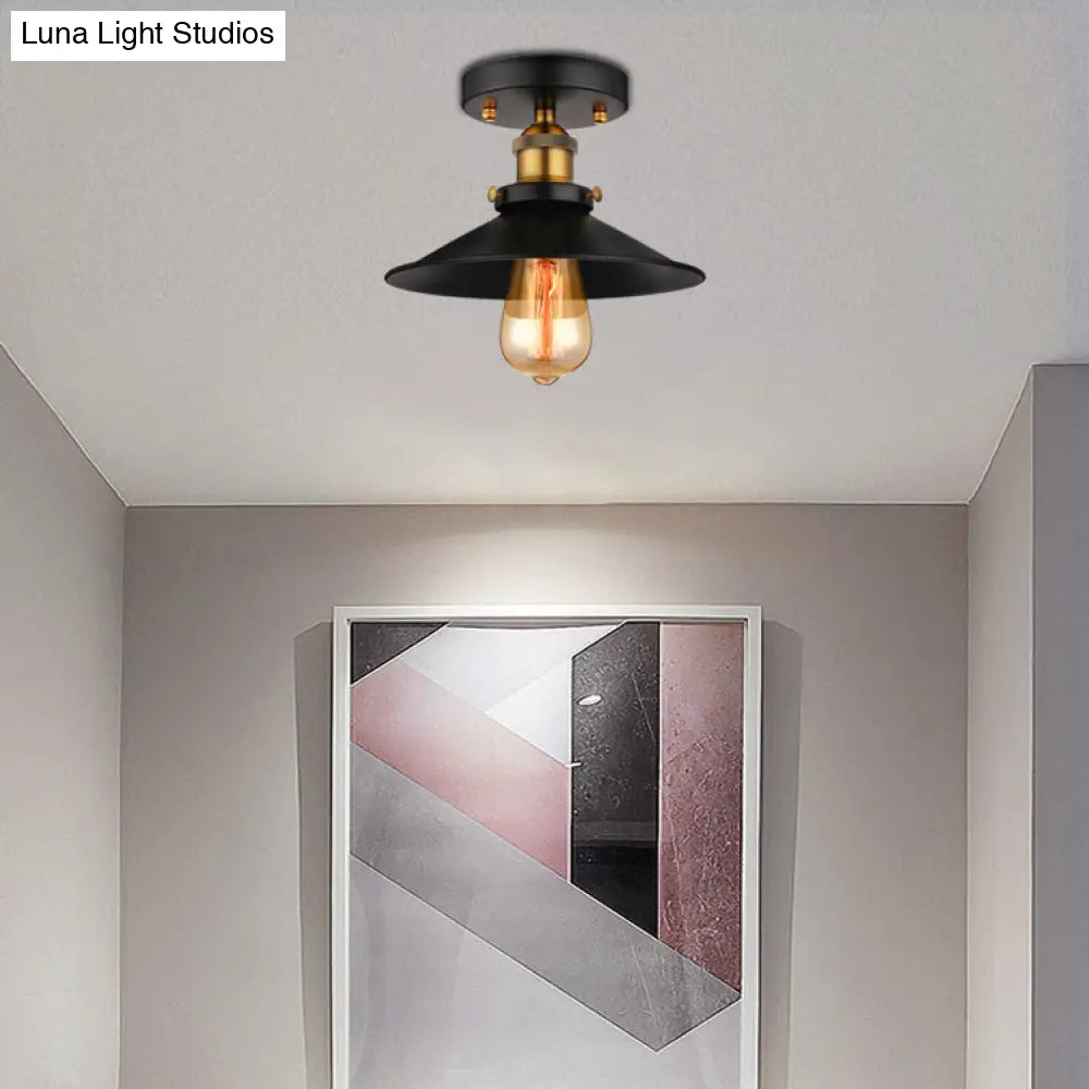 Retro Metallic Semi Flush Mount Ceiling Light - Black/Rust Cone Shade 1 Head Close To Lighting For