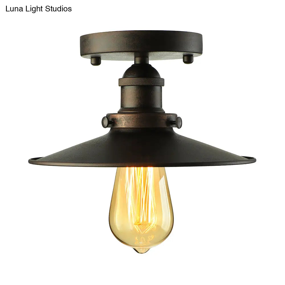Retro Metallic Semi Flush Mount Ceiling Light - Black/Rust Cone Shade 1 Head Close To Lighting For