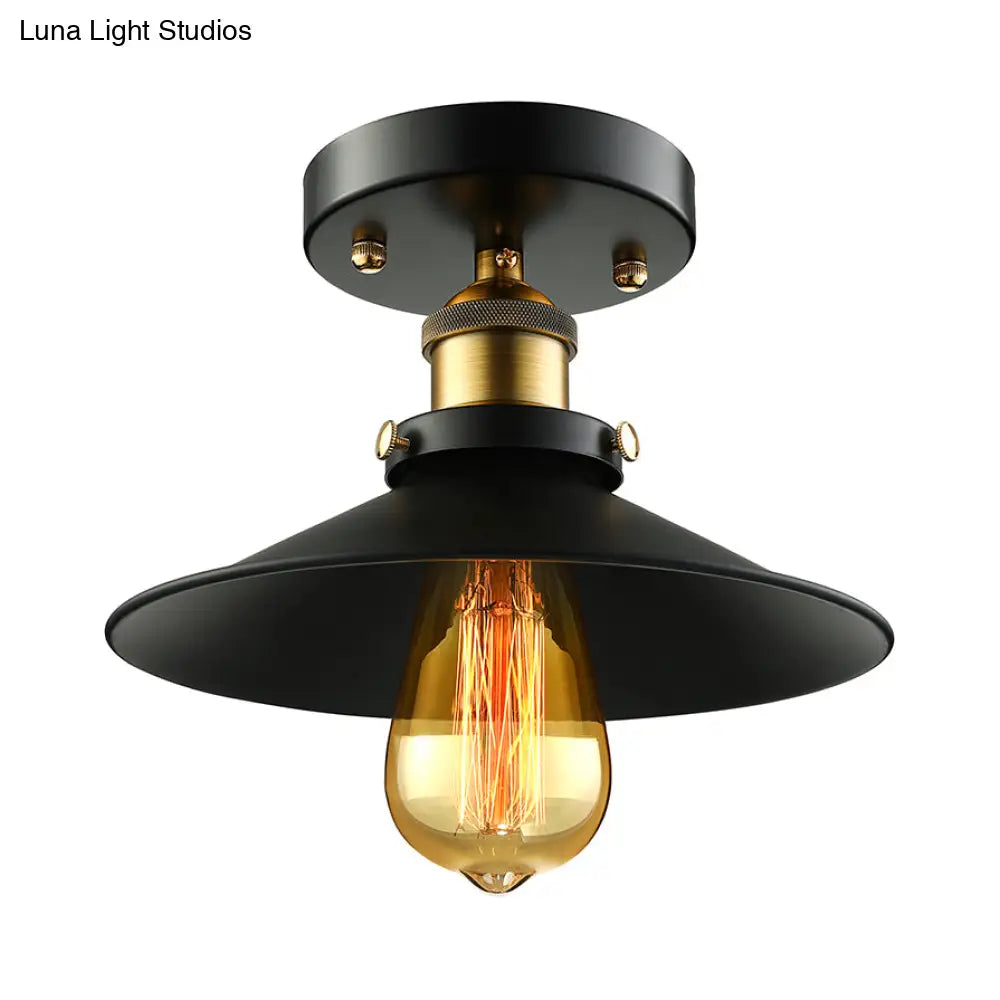 Retro Metallic Semi Flush Mount Ceiling Light - Black/Rust Cone Shade 1 Head Close To Lighting For