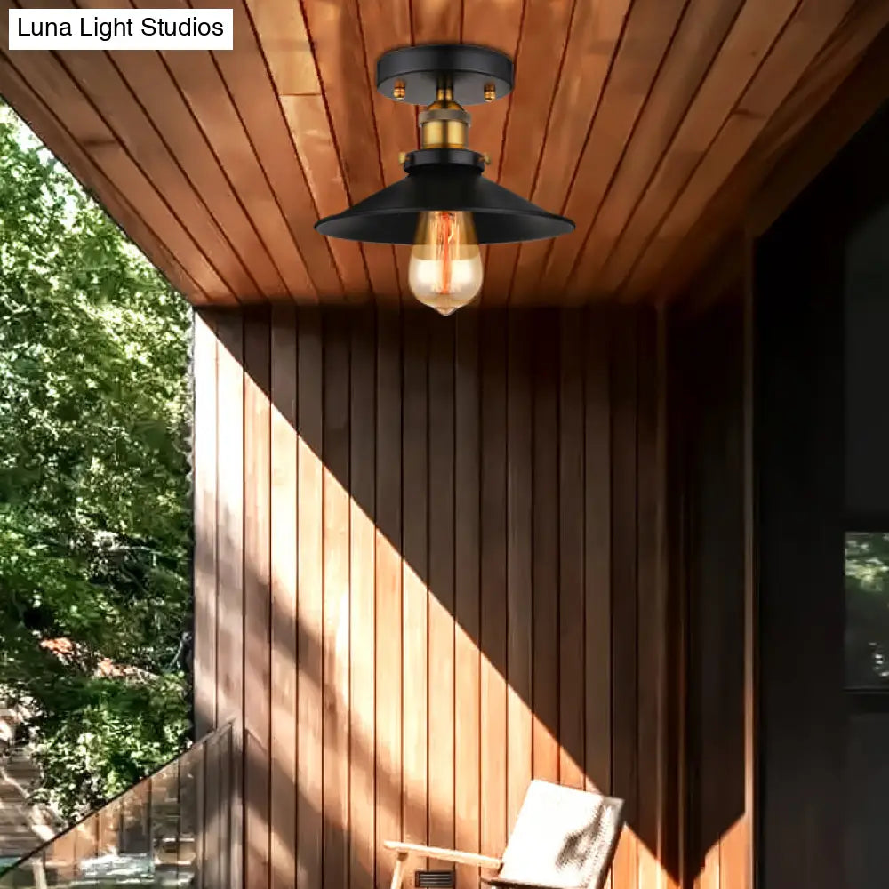 Retro Metallic Semi Flush Mount Ceiling Light - Black/Rust Cone Shade 1 Head Close To Lighting For