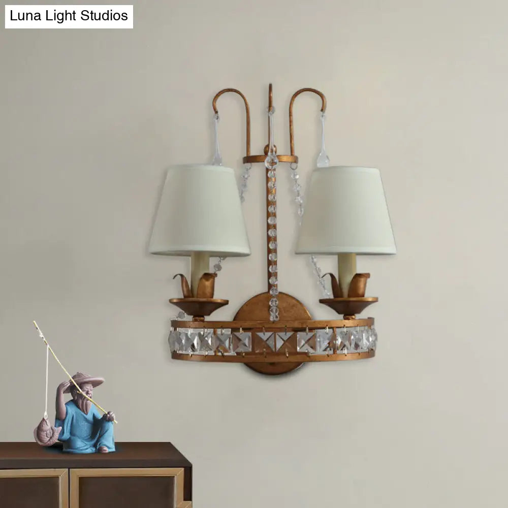 Retro Metallic Wall Mount Lamp With Fabric Shade - Rustic 2-Head Candelabra Lighting Idea
