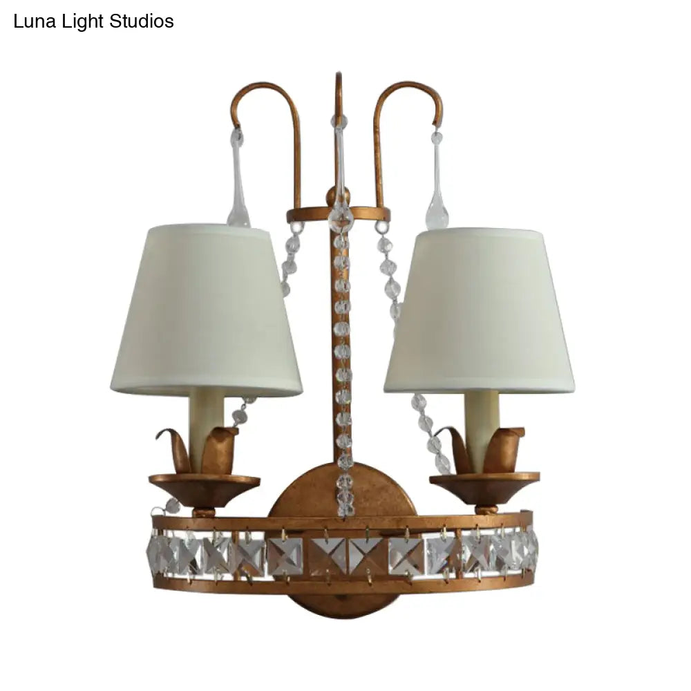 Retro Metallic Wall Mount Lamp With Fabric Shade - Rustic 2-Head Candelabra Lighting Idea