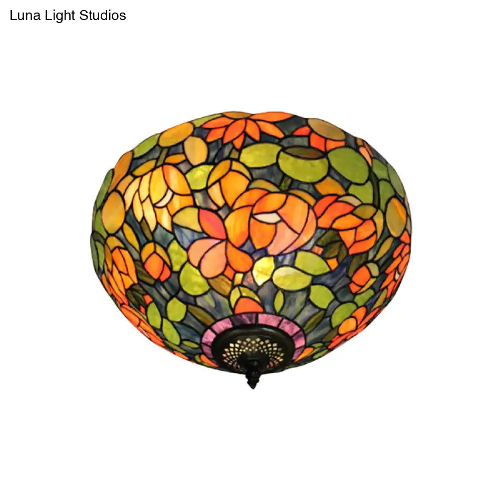Retro Multicolored Stained Glass Ceiling Light With Flower Pattern - 2 Heads Flushmount Design