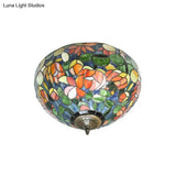 Retro Multicolored Stained Glass Ceiling Light With Flower Pattern - 2 Heads Flushmount Design