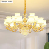 Retro Opal Glass Bud Pendant Light With Crystal Decor - Gold Chandelier Fixture
