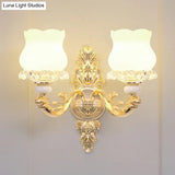 Retro Opal Glass Bud Pendant Light With Crystal Decor - Gold Chandelier Fixture