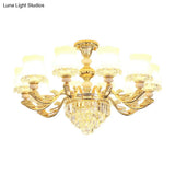 Retro Opal Glass Bud Pendant Light With Crystal Decor - Gold Chandelier Fixture
