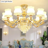 Retro Opal Glass Bud Pendant Light With Crystal Decor - Gold Chandelier Fixture