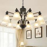 Retro Opal Glass Flower Chandelier In Black | Pendant Light Fixture For Living Room 10 / Down