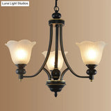 Retro Opal Glass Flower Chandelier In Black | Pendant Light Fixture For Living Room
